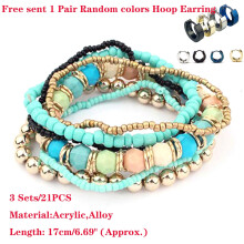 HEVIRGO 3 Sets/21PCS Women Boho Bohemian Mix Style Multilayer Elastic Beaded Bracelets for Banquet Party