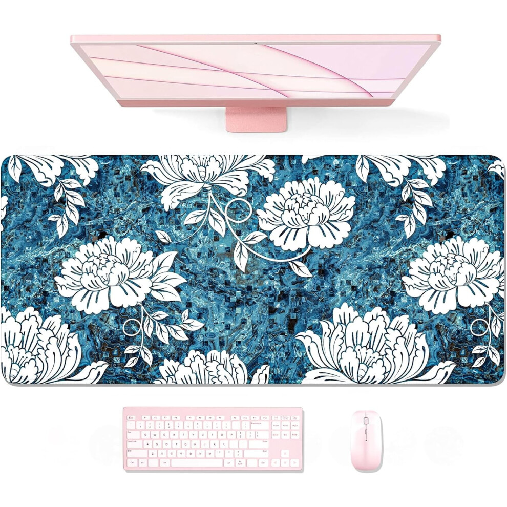 Xxl Mouse Pad 31.5"X11.8", Non-Slip Rubber Base, Stitched Edges, Waterproof, Gaming Keyboard Mat, Peony White 9180479185390