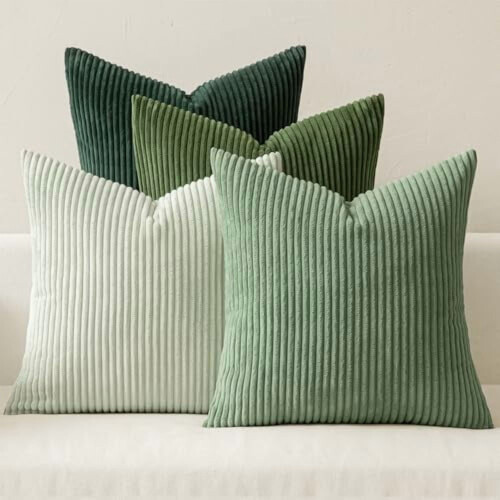 Conjunto de 4 capas de almofada decorativas em veludo cotelê verde sálvia, 40x40 cm (16x16 polegadas).
