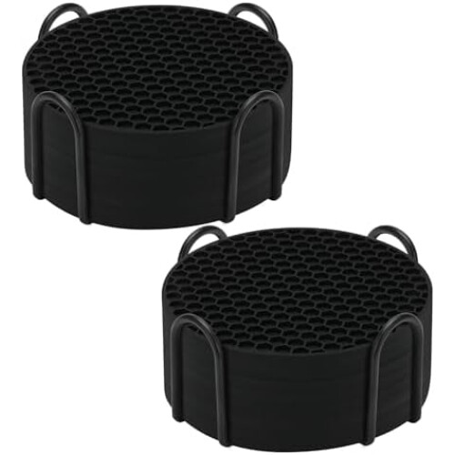 Conjunto de 16 porta-copos de silicone preto com suporte.