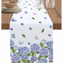 Runner da tavola con motivo floreale di ortensie primaverili, 183x33 cm, in cotone, lavabile, viola e verde – Compatibile con tavoli da pranzo