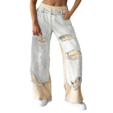 Damen-Jeans im Used-Look mit kurzem Hoodie, Stretchbund, Kordelzug, weitem Bein, Größen S-3XL