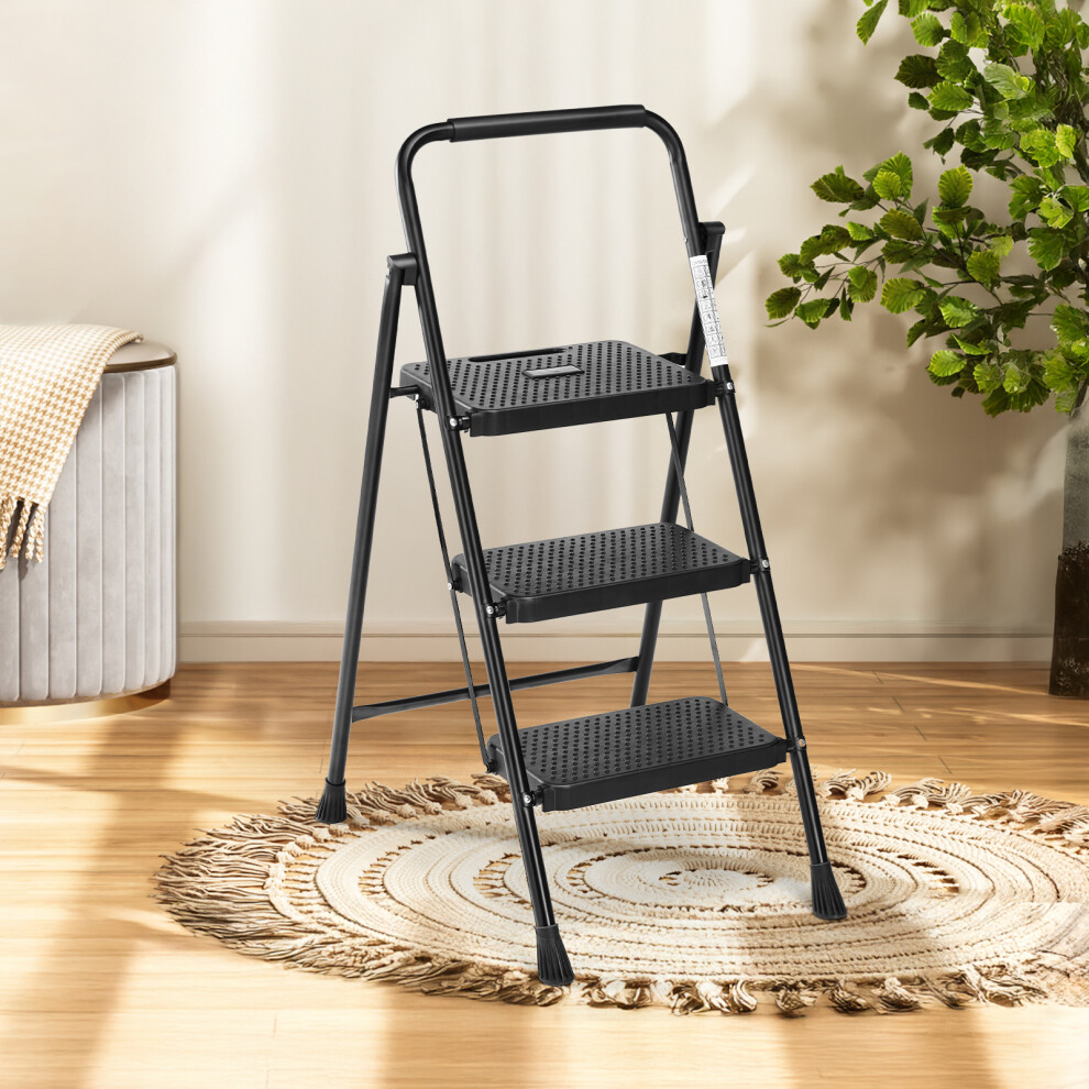 3 Step Ladder, Black Metal, Folding Portable Lightweight Step Stool 9448990443628