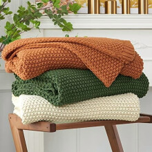 Grovt kabelstrikket tæppe, 100% økologisk bomuld, beige, 152 x 202 cm, til sofa/seng/børneværelse, rustik landlig stil