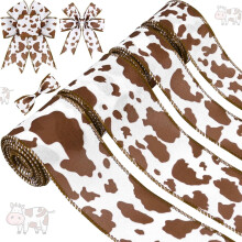 Bruin-wit lint met koeienprint en draadversteviging, 2,5 inch x 20 yard.
