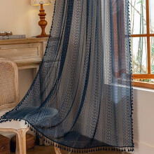 Marineblauwe boho gordijnen 84" L, macramé kant, transparant met kwastjes, vintage gehaakte gordijnen in boerderijstijl, tunnelzoom, 1 paneel 59" W
