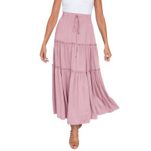 Ediodpoh Női Rugalmas Magas Derekú Boho Maxi Szoknya, Fodros A-vonalú Swing Szoknya – Rózsaszín, XL