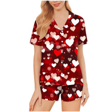 Damen-Pyjama-Set zum Valentinstag, Knopfleiste vorne, Kurzarm, bedrucktes Herzdesign, 95 % Polyester, 5 % Elasthan, Nachtwäsche aus Milchseide