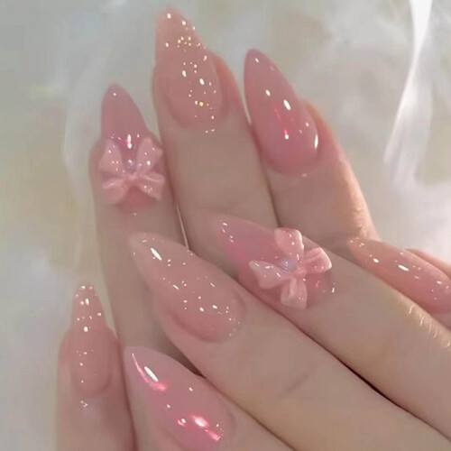 Unhas postiças com laço rosa – formato amendoado, 24 unidades