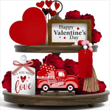 Valentine's Day Home Decor Set - 5-Piece Heart Wood Signs & Bead Garland for Tiered Tray & Table Decor