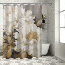 Cortina de chuveiro com flores brancas e folhas douradas, 175 x 183 cm (69 x 72 polegadas)