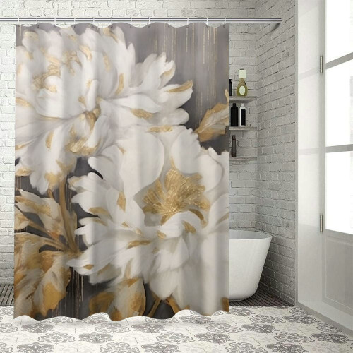 Cortina de chuveiro com flores brancas e folhas douradas, 175 x 183 cm (69 x 72 polegadas)