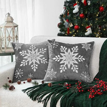 Housses de coussin de Noël en velours gris avec broderie flocons de neige