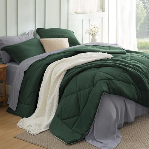 Full Size Comforter Set Reversible Forest Green 7-Piece
