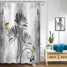 Rustikt lantlig duschdraperi med prästkrage- och fjärilsblommönster, grå/vit/gul, 122x183 cm, 12 krokar – kompatibel med vanliga duschstänger