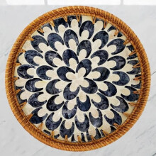Black Moon Wicker Round Serving Tray with Mother of Pearl