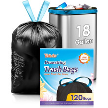 Sacs poubelle à cordon résistants de 18 gallons (120 unités), pour salle de bain, bureau et cuisine, noirs.