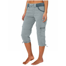 Blaue Damen-Caprihose aus Baumwoll-Hanf-Mischgewebe, hochgeschnitten, locker geschnitten, weites Bein, Freizeithose mit mehreren Taschen – geeignet
