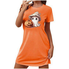 Naisten Halloween-pyöreäkauluksinen lyhythihainen yöpaita - Plus-kokoinen pehmeä polyesteri-elastaani-yöpaita, S-2XL