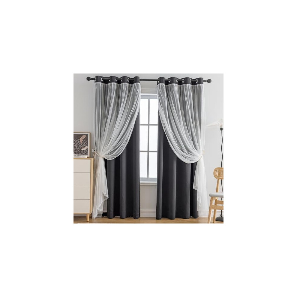 Home Curtains Blackout and Sheer Layered Solid Window Curtain Panel Pair with Grommet Top, 52Wx72L,Black
