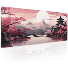 Pink Sakura Gaming-Mauspad XL (80 x 30 cm), Kirschblüten-Turm-Design, rutschfeste Gummibasis, genähter Rand