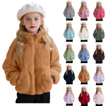 Boys Girls Winter Warm Fleece Coat Zip Up Jacket Outerwear with Pockets Cute Solid Hoodless Jacket Stand-up Colla