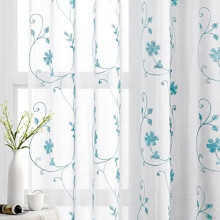 White and Blue Embroidered Floral Sheer Curtains 96 Inches Long 2 Panels Flower Pattern Semi Sheer Window Curtains for Bedroom Living Room