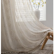 Beige Boho Sheer Curtains with Crochet, Floral Embroidery & Tassels – Vintage Rustic Rod Pocket Panel (59"x90")