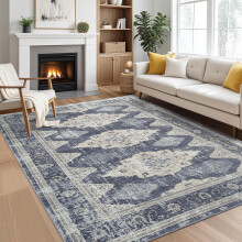 9x12 Area Rug Washable Soft Vintage Large Rugs Classic Retro Indoor Floor Carpet Farmhouse Low Pile Non-Slip Accent Rugs Dining Room Blue Multi
