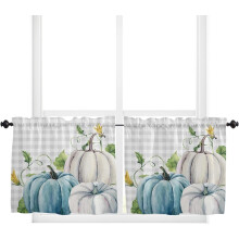 Fall Kitchen Valance Curtains, Watercolor Blue Pumpkin &