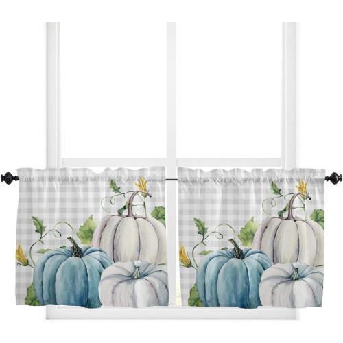 Fall Kitchen Valance Curtains, Watercolor Blue Pumpkin &