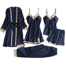 Women's New Gold Lace Trim5-Piece Sleepwear Set - Satin Silk Tank + Dress + Shorts + Pants + Robe with Belt Soft Nylon-Spandex Home Wear S-3XL