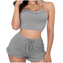 Dame ensfarvet nattøjssæt med flæser og shorts, afslappet hjemmepyjamas med tynde stropper til S til 3XL