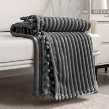 Fleece Blanket Throw 51x63", Dark Grey – Soft, Plush, Warm, Cozy with Pompom Fringe – Compatible with Couch, Bed, Sofa