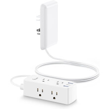 Płaski przedłużacz z osłoną gniazdka, 6 gniazdek + 3 porty USB, zabezpieczenie przeciwprzepięciowe 2000 J, ukryty przedłużacz 5 stóp do