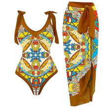 Costum de baie dintr-o singură piesă pentru femei, cu decolteu în V și bretele, cu fustă lungă înfășurată, set din două piese
