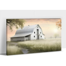 Farmhouse tavaszi falikép: Fehér pajta és virágok, vászon, 30x45 cm, kompatibilis a modern nappali és hálószoba dekorációjával