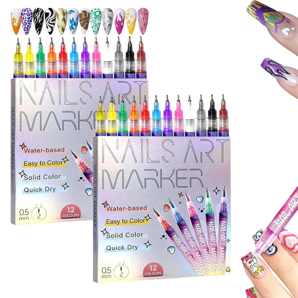 12-Color Nail Art Pens Set for Gel Nails, Quick-Dry Doodle & Dotting Liners, DIY Manicure Tools (2PCS)