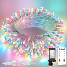 Luzes de fada com 200 LEDs brancos quentes, fio transparente, 23 metros, controle remoto.