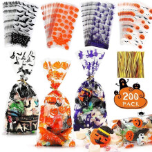 200 torebek celofanowych na smakołyki na Halloween – 4 wzory, 10,8 x 5
