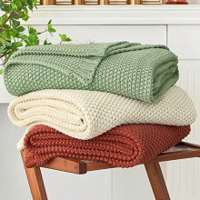 Chunky Cable Knit Throw Blanket, Beige, 100% Cotton, 51x63