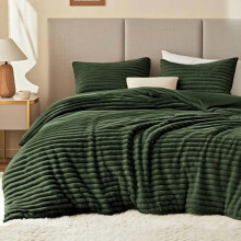 Pluche dekbedset voor kingsize bed – Superzacht imitatiebont met strepenjacquard, 3-delige olijfgroene fleece beddengoedset, warm voor de winter, 1