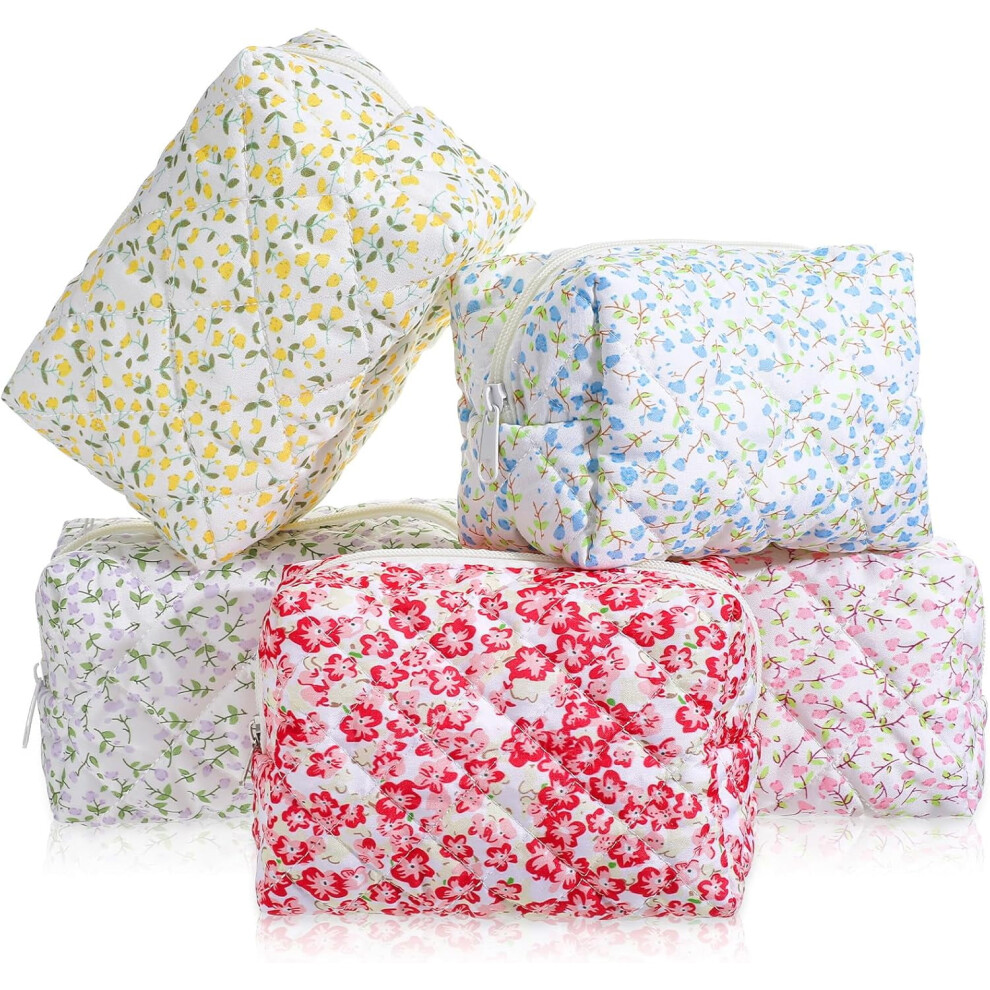 5 Pcs Quilted Floral Cosmetic Bags with Zipper