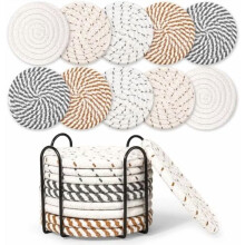 10-Piece Absorbent Cotton-Linen Drink Coasters with Holder