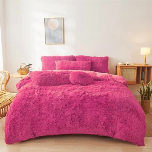 Bettwäsche-Set aus rosa Kunstfell, Einzelbett
