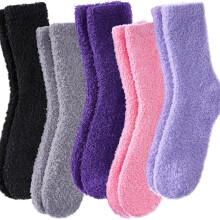 Myke, varme sovesokker for kvinner, fluffy, ensfarget, 5 par