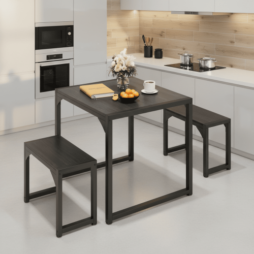 Conjunto de mesa de jantar de madeira para 2 pessoas, design compacto.