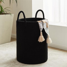 Cesto de roupa suja de corda de algodão, 58L, alto e redondo.