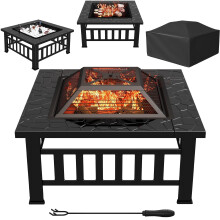 Table brasero carrée Lacoo 32" pour terrasse et jardin, avec compartiment à glace, tisonnier et housse, noire.