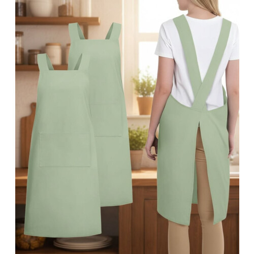 Japanese-style cross-back apron with pockets, one size
